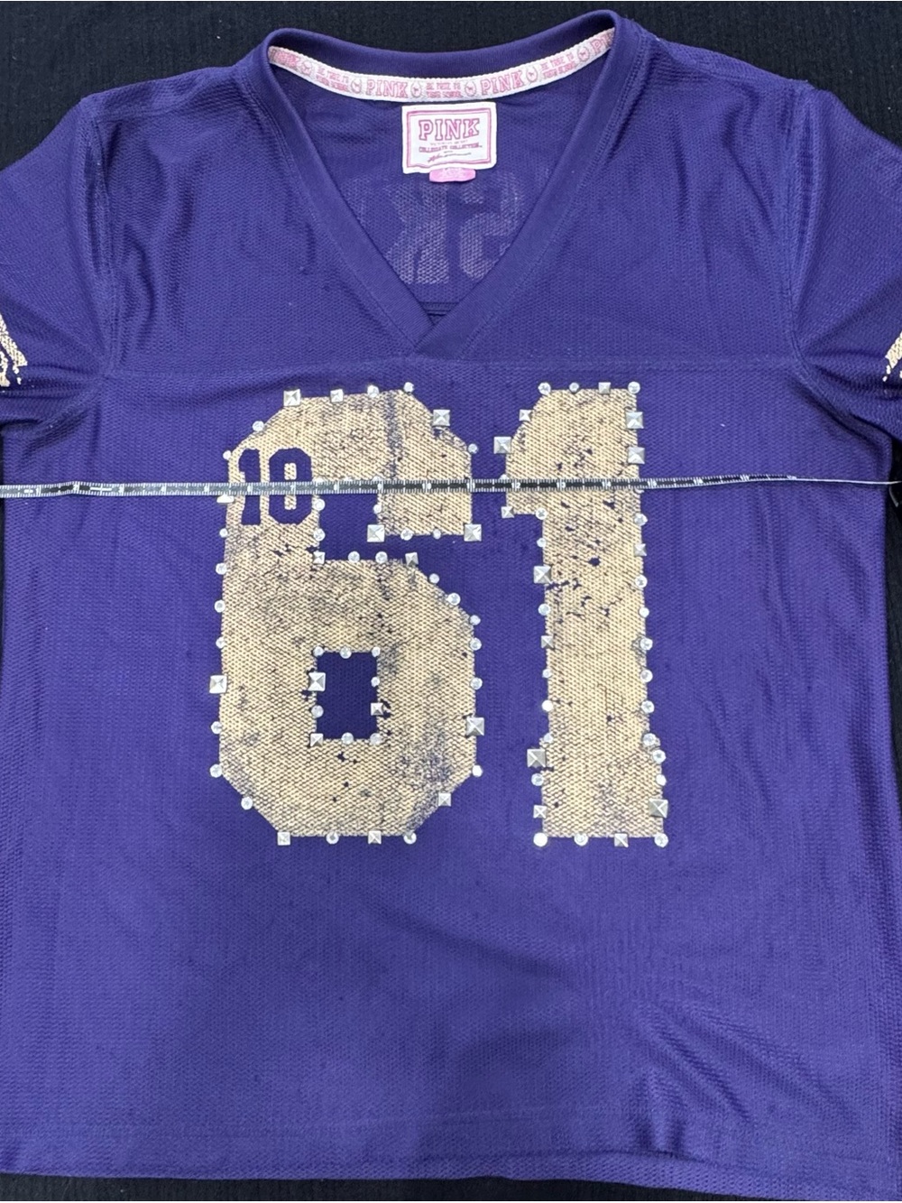 GO HUSKIES!! PINK Victoria's Secret Silver studded V-Neck Jersey Top